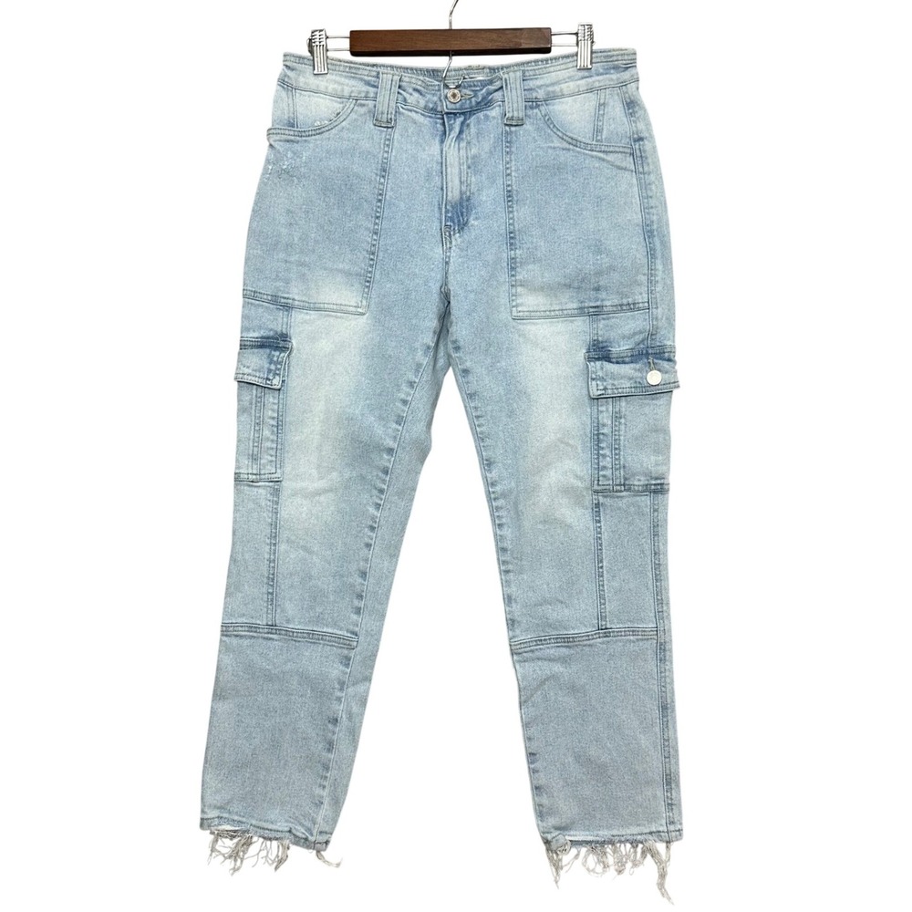 KanCan Y2K High Rise Cargo Jeans Light‎ Wash Slim Straight Cropped Utility Denim